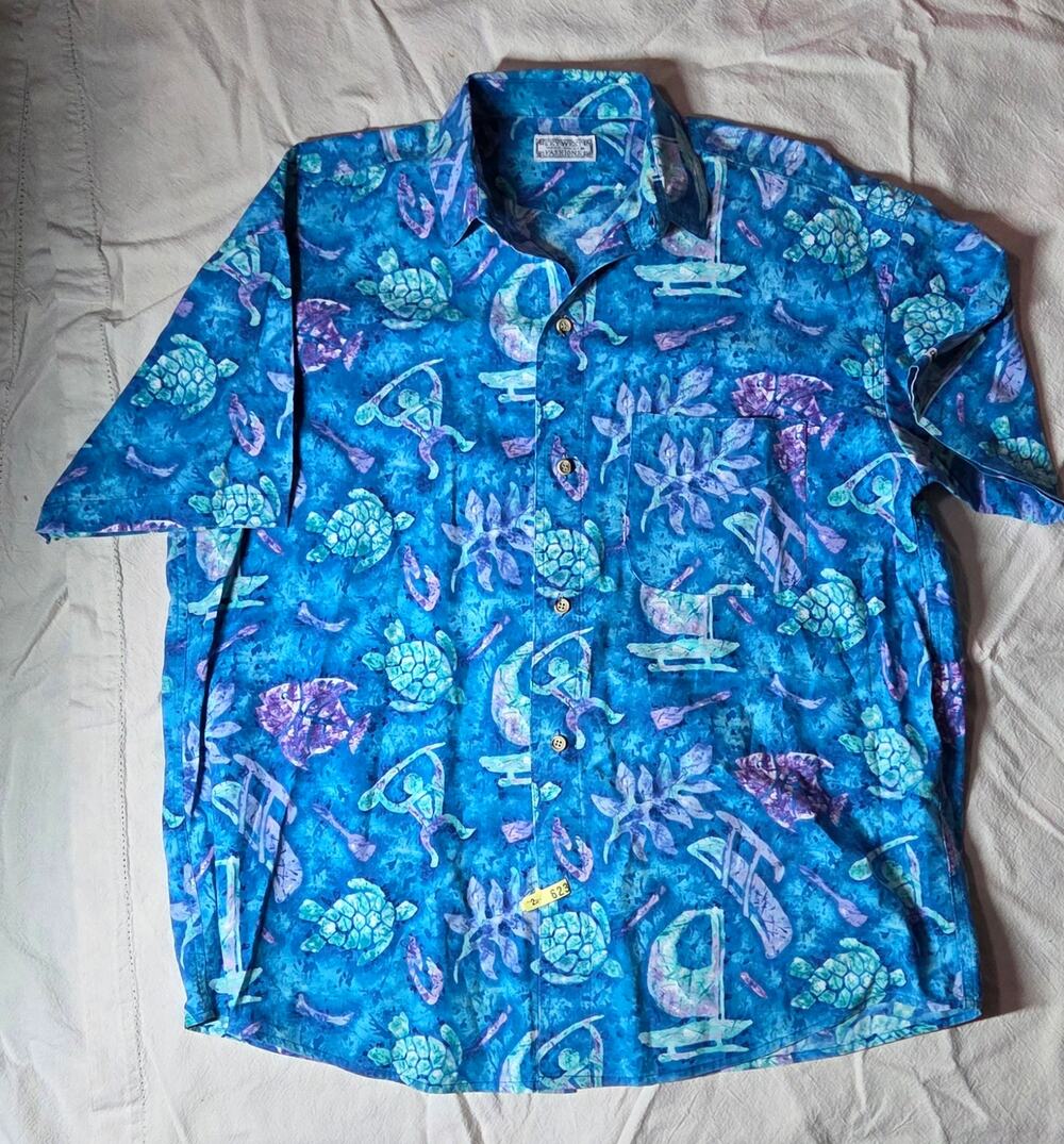 Vintage 70s Key West Camouflage Sea Turtle Hawaiian Shirt Hand Print Fashions XL